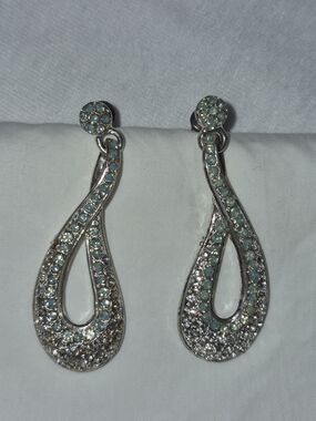 Silver Tone Blue Opal Look Rhinestone Teardrop Dangle Earrings 2" Articulated